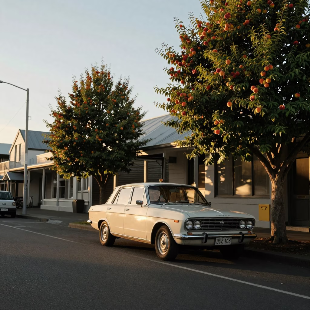 Golden Hour Christchurch Street Scene with Nectarines and Vintage Car in in Christchurch, New Zealand