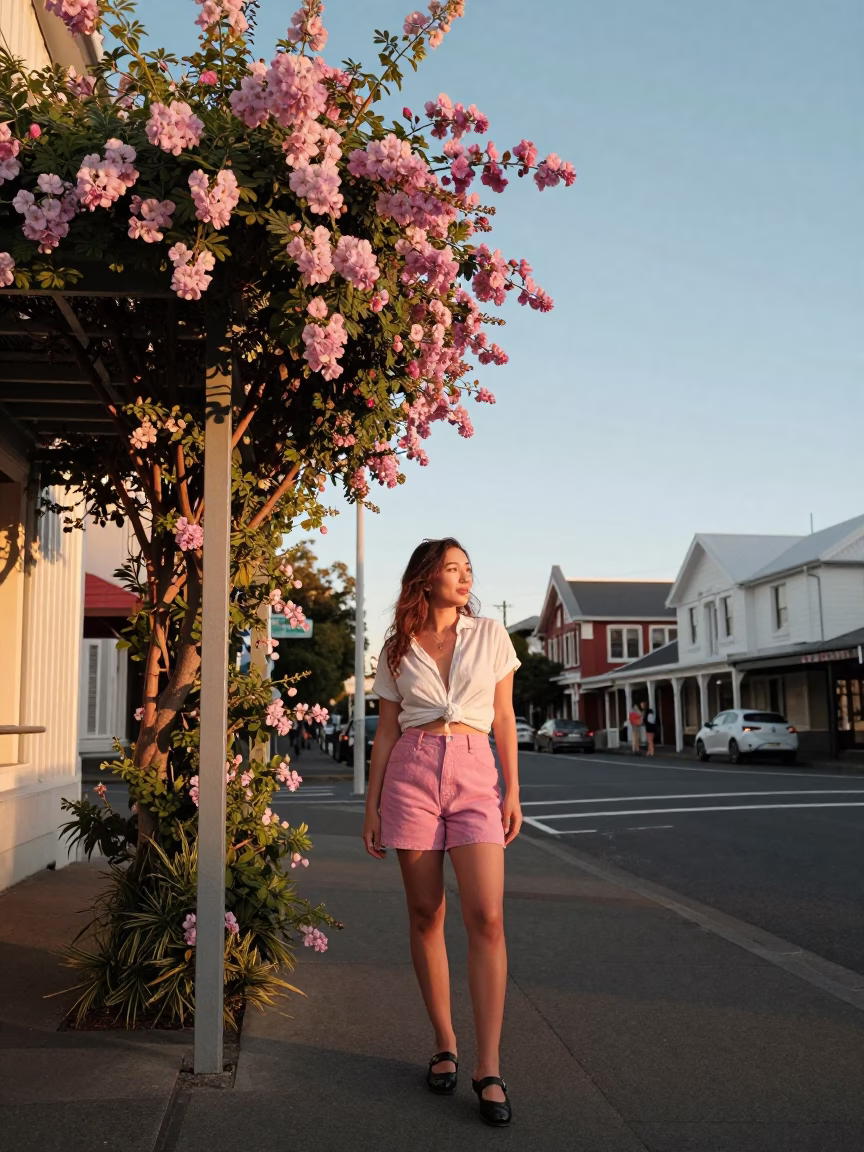Golden Hour Christchurch Street Scene with Pastel Sweet Pea Trellis and Vintage 1960s Aesthetic in in Christchurch, New Zealand