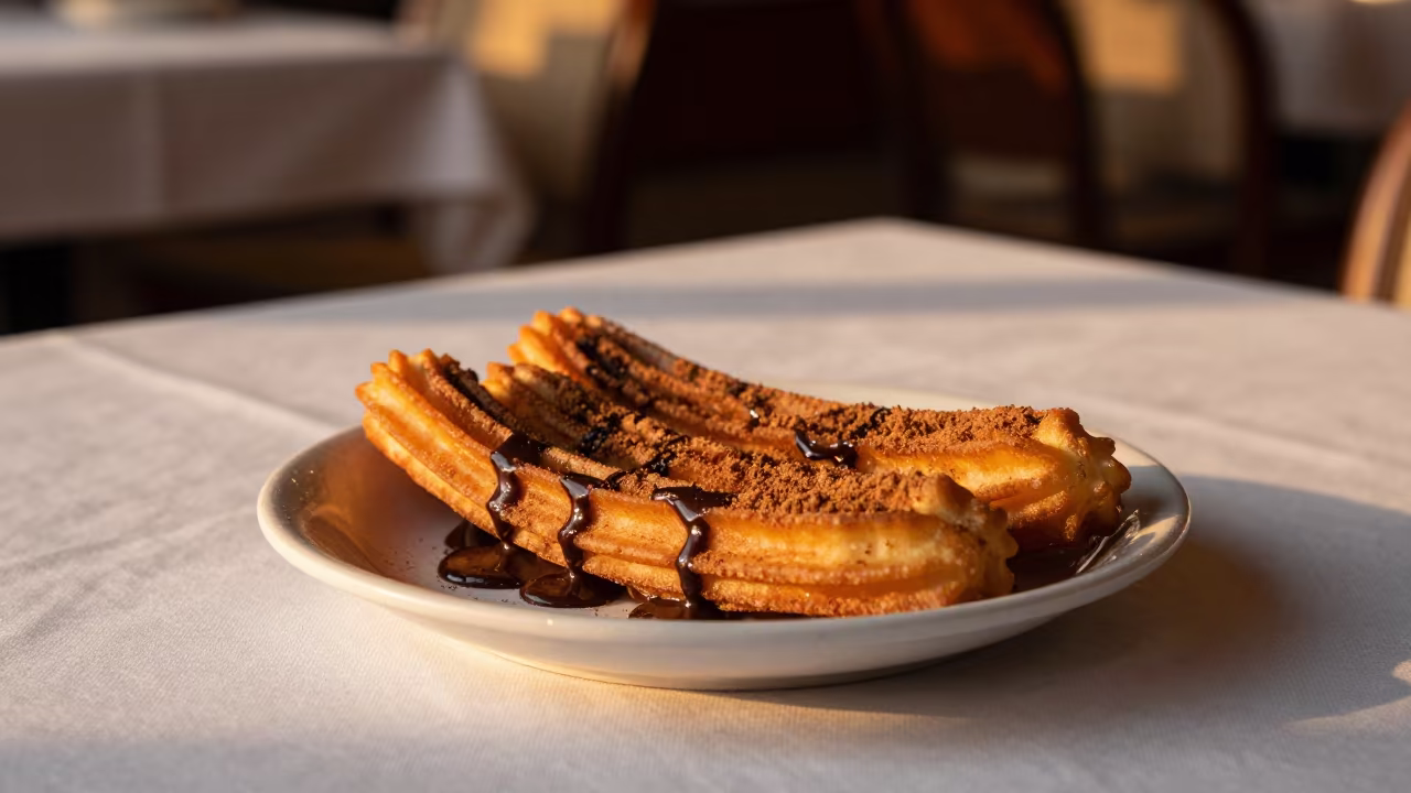 Golden Hour Churros with Chocolate Sauce on Linen in on a linen-covered restaurant table in Lucknow