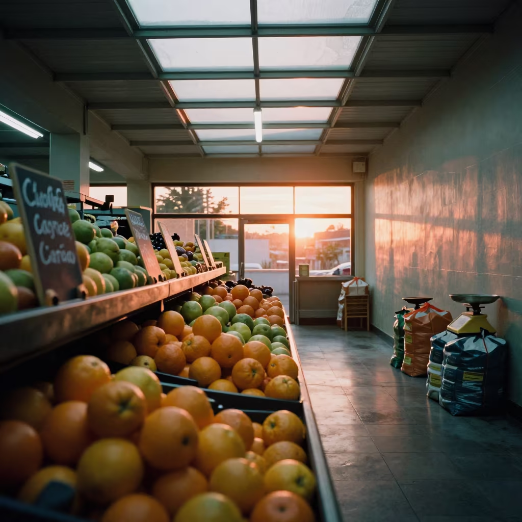 Golden Hour Citrus Display in Colón Grocery in along a front-of-store display run in Colón
