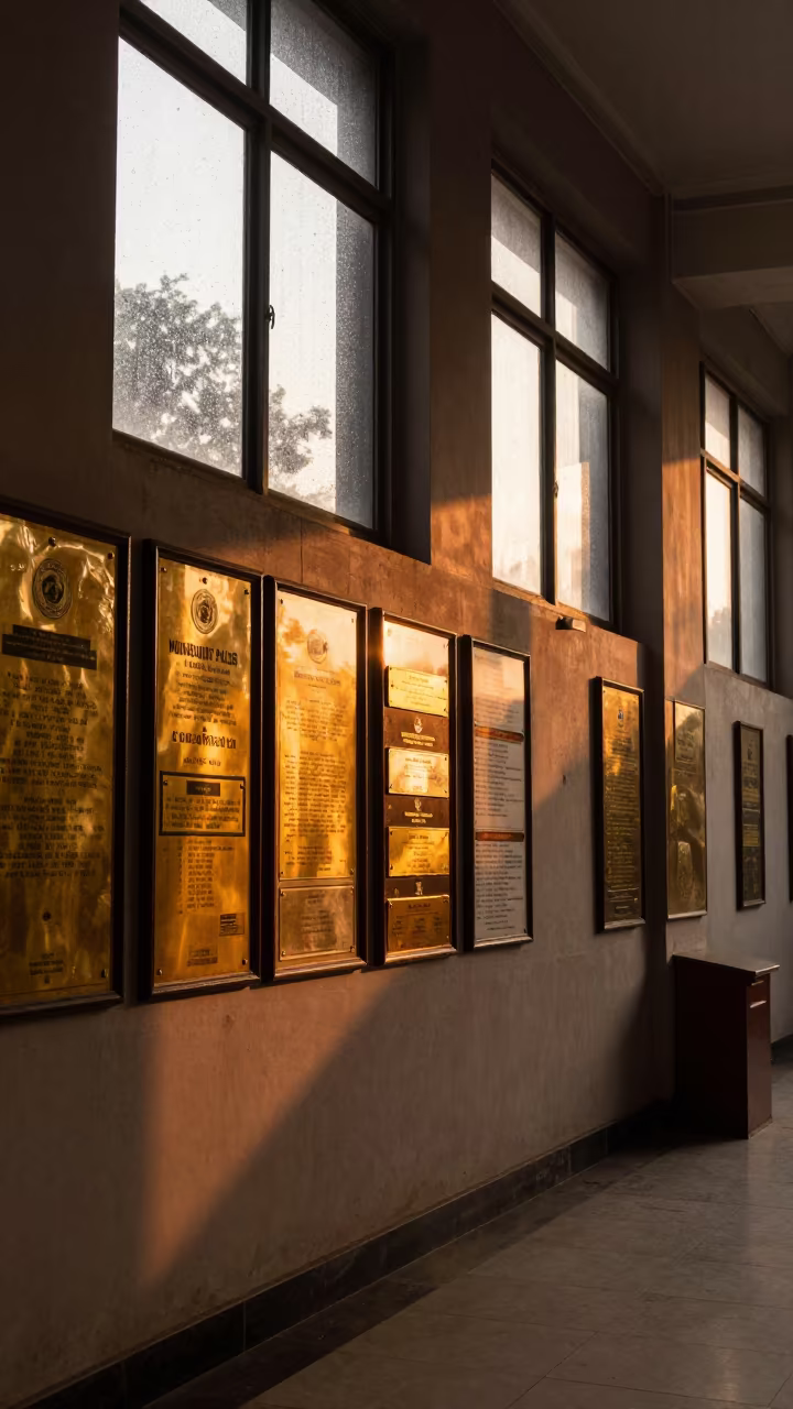 Golden Hour City Hall Corridor with Brass Plaques in inside a council chamber near Connaught Place, Delhi