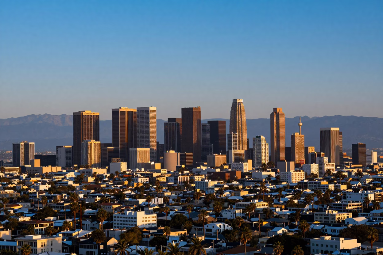 Golden Hour Cityscape of Los Angeles California Skyline and Coastal Horizon View in in Los Angeles, California, United States