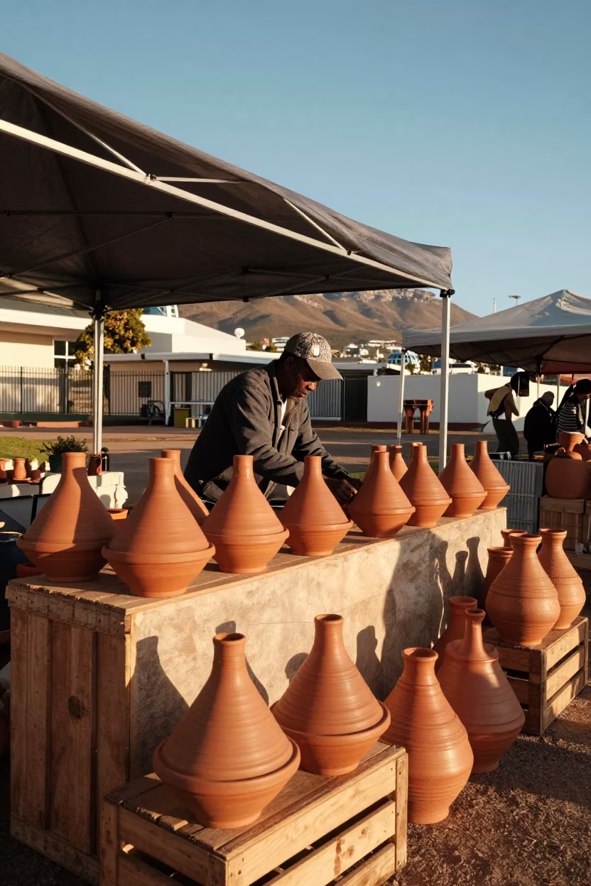 Golden Hour Clay Tagine Vendor Cape Town Market in under a market canopy in Observatory, Cape Town
