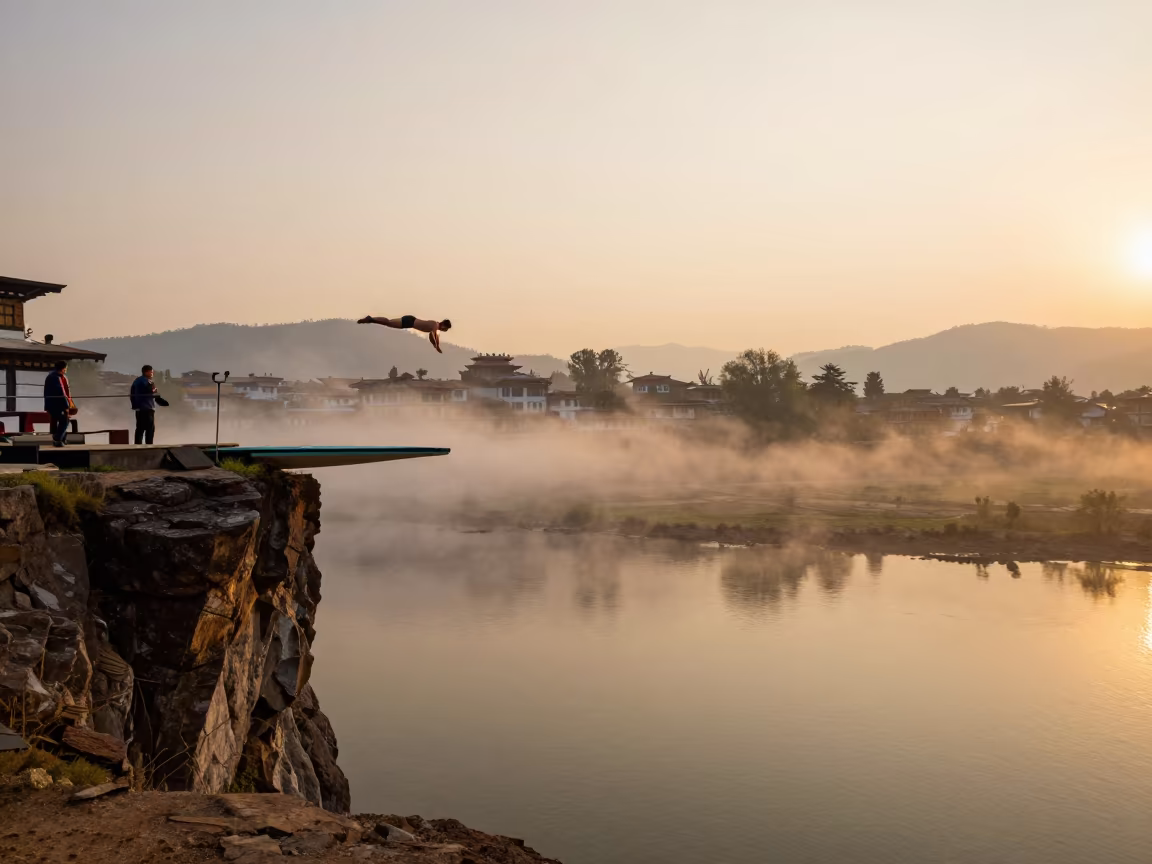 Golden Hour Cliff Diving Competition Over Thimphu Floodplain in across a floodplain after rain near Thimphu