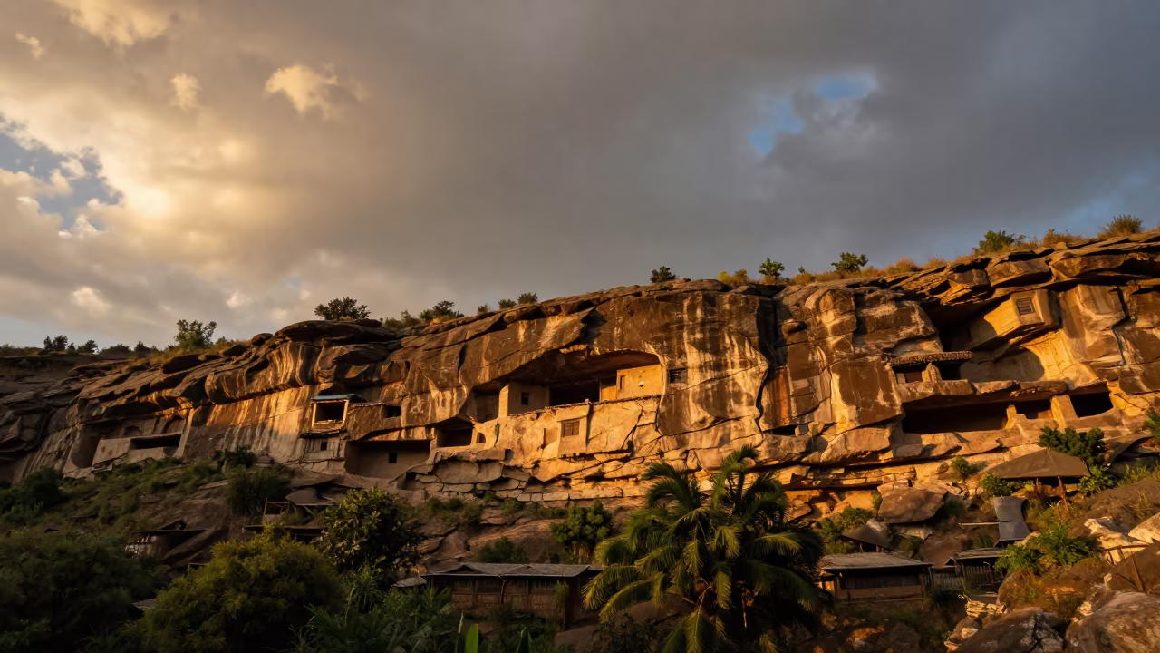 Golden Hour Cliff Dwelling Above Pokhara Foothills in from a ridge above layered foothills near Pokhara