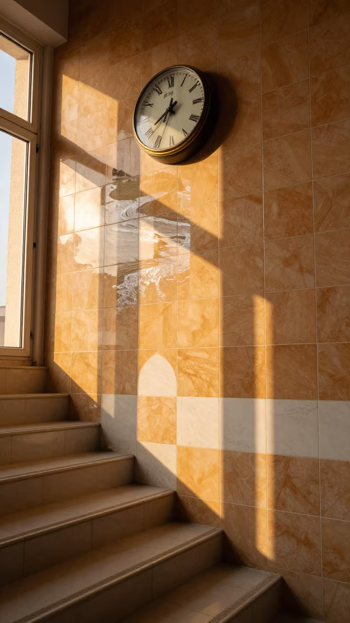 Golden Hour Clock Face Tiled Stair Hall in inside a tiled stair hall near Az Zubayr