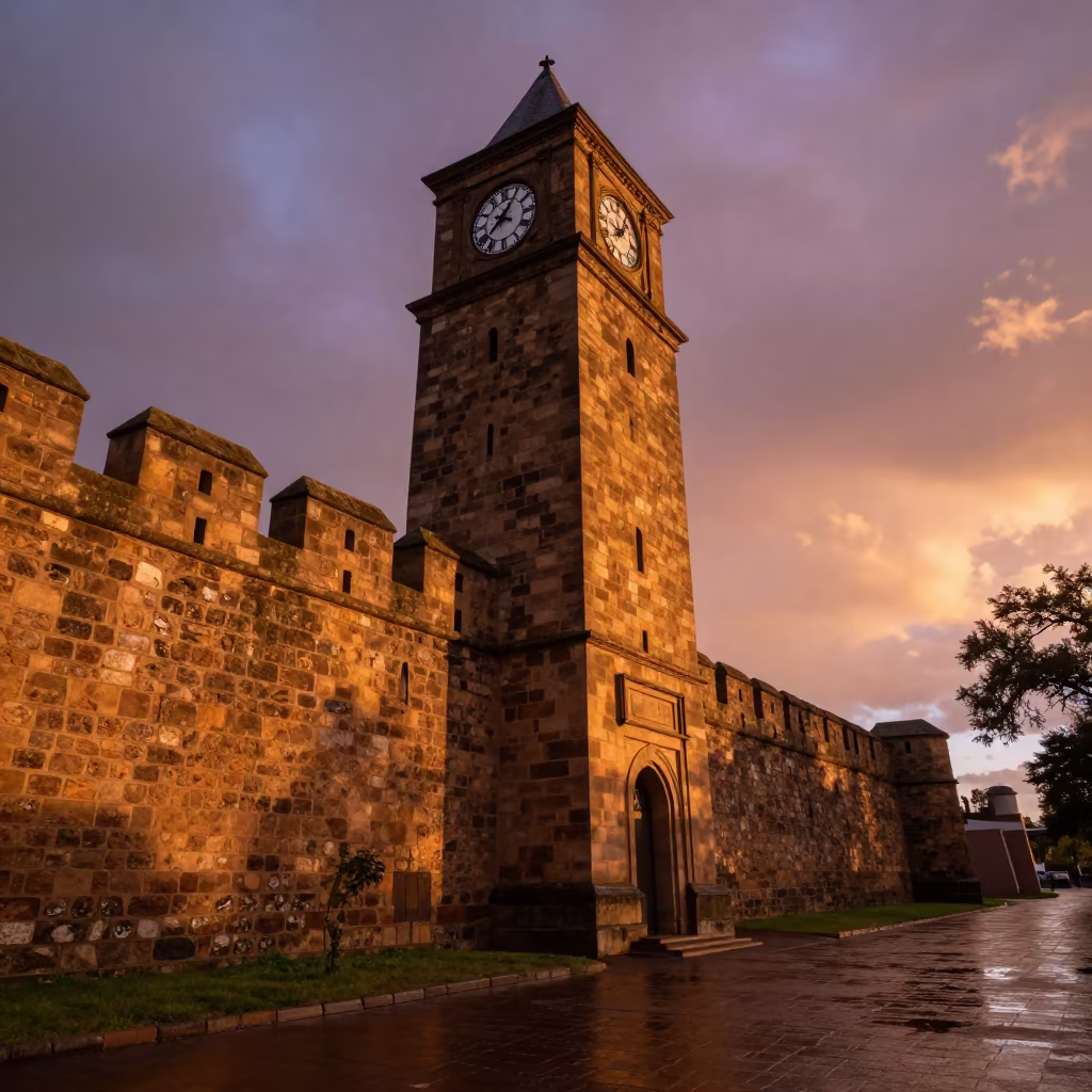 Golden Hour Clock Tower Fortress Kimberley in outside a wind-scoured fortress wall near Kimberley