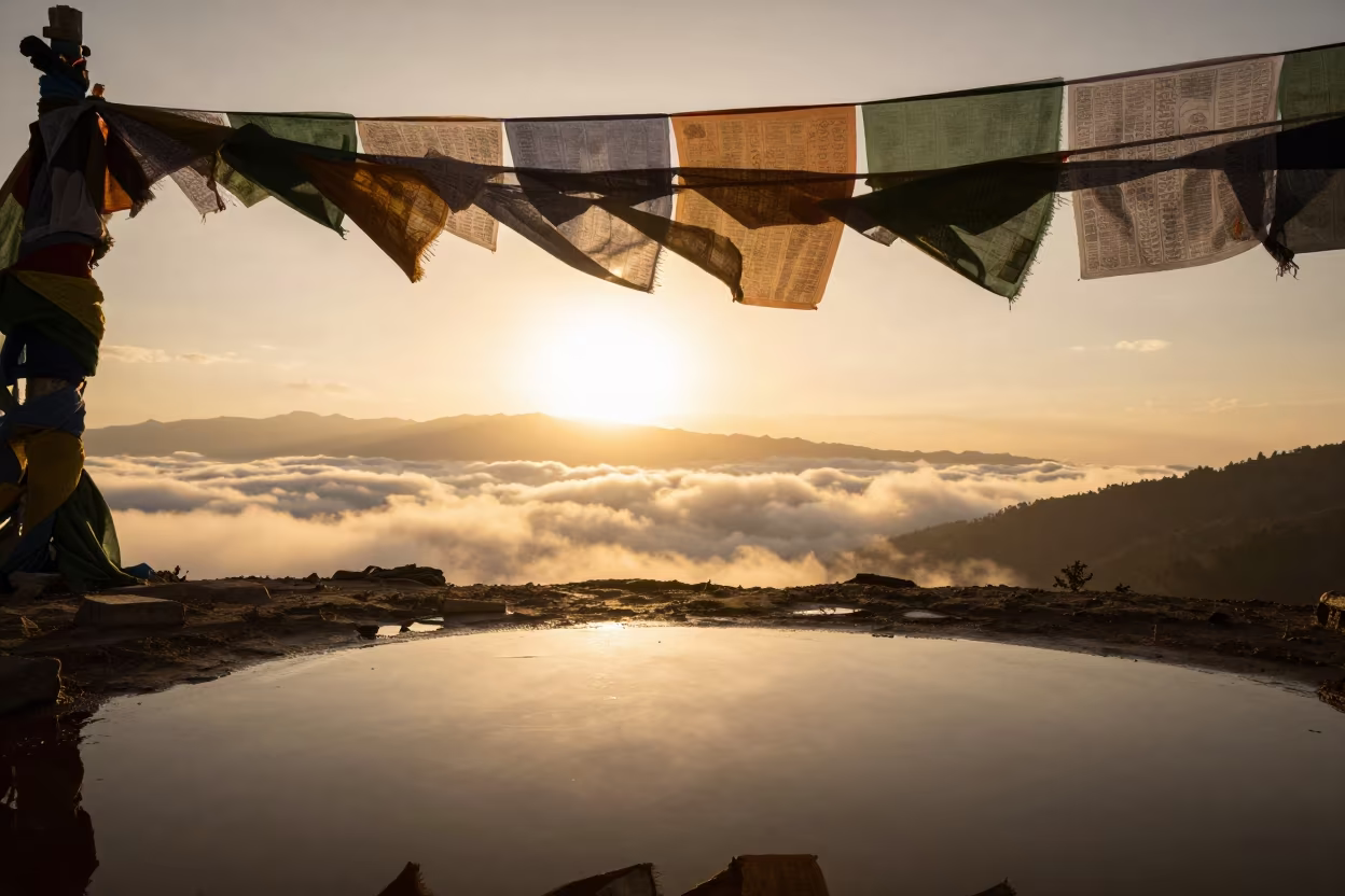 Golden Hour Clouds and Prayer Flags Thimphu in along a high mountain pass beneath prayer flags near Thimphu