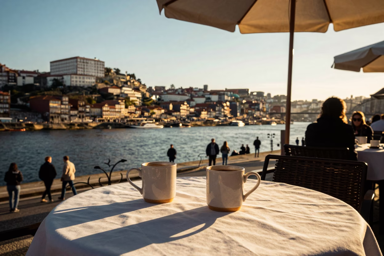 Golden Hour Coffee Mugs on Porto Riverside Terrace with Douro River Views in in Porto, Portugal