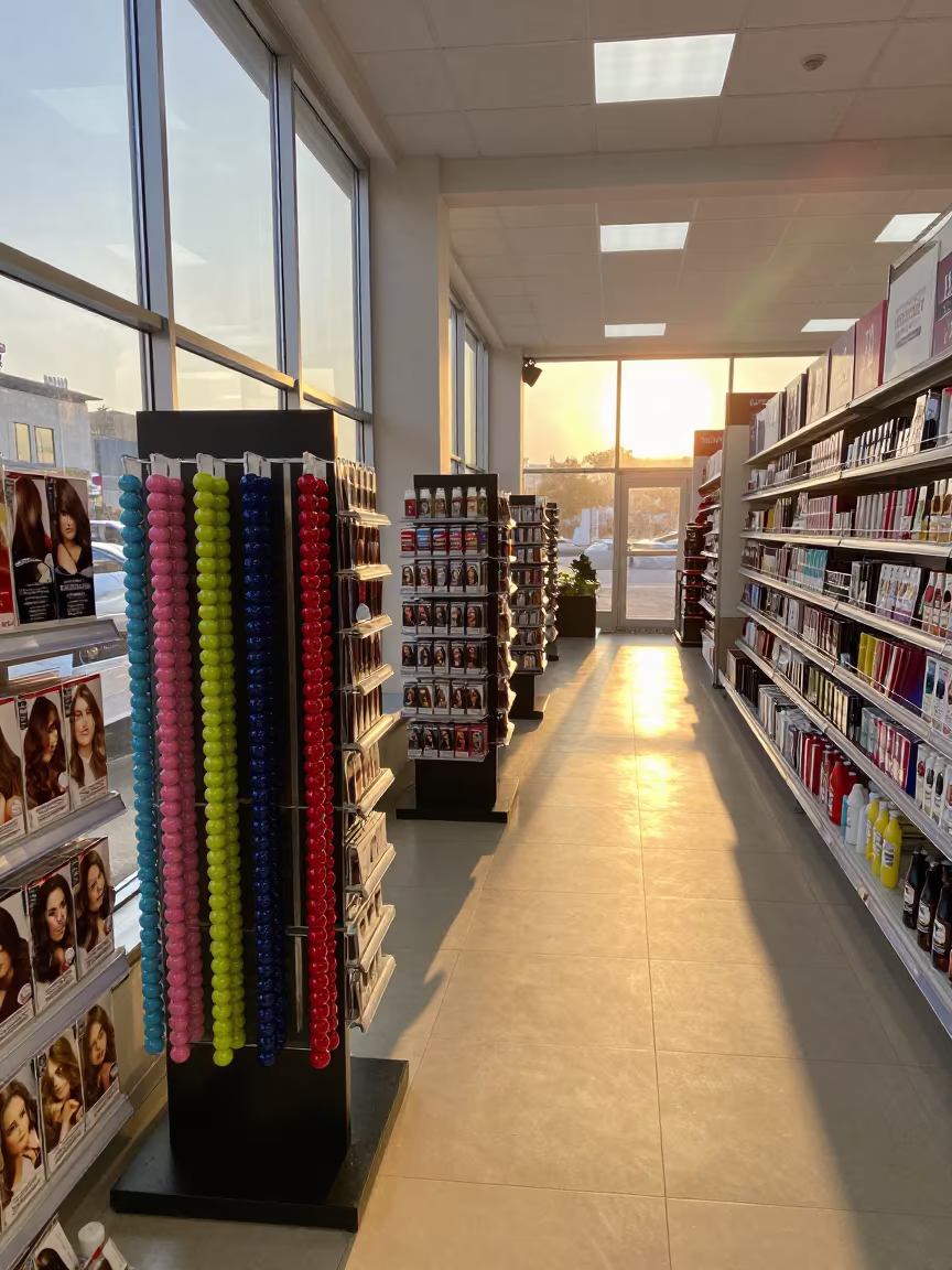 Golden Hour Color Card Rail in Irbid Retail Aisle in inside a bright retail aisle near Irbid