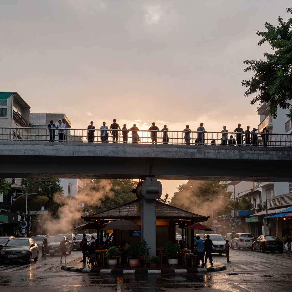 Golden Hour Commuters on Ho Chi Minh City Overpass in outside a corner cafe in District 3, Ho Chi Minh City