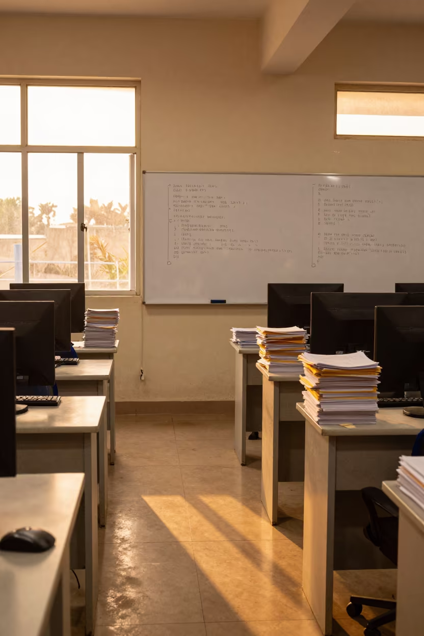 Golden Hour Computer Lab with Whiteboard Diagrams in in a lecture hall before the crowd arrives in Douala