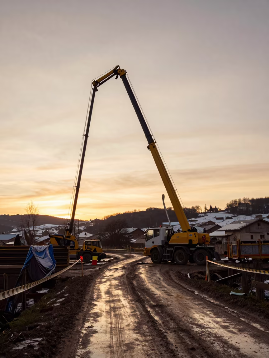 Golden Hour Concrete Pour Basque Construction Site in at a muddy site access road in the Basque Country