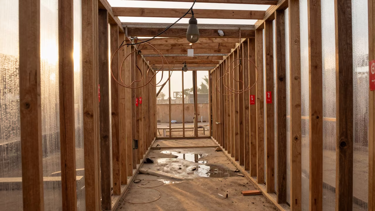 Golden Hour Construction Corridor with Wire Loops in in a mechanical room under buildout in Nouakchott