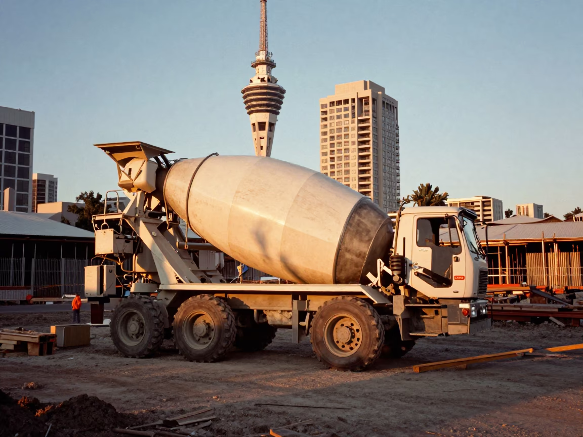 Golden Hour Construction Site in Auckland New Zealand Cement Mixer and Urban Development in in Auckland, New Zealand