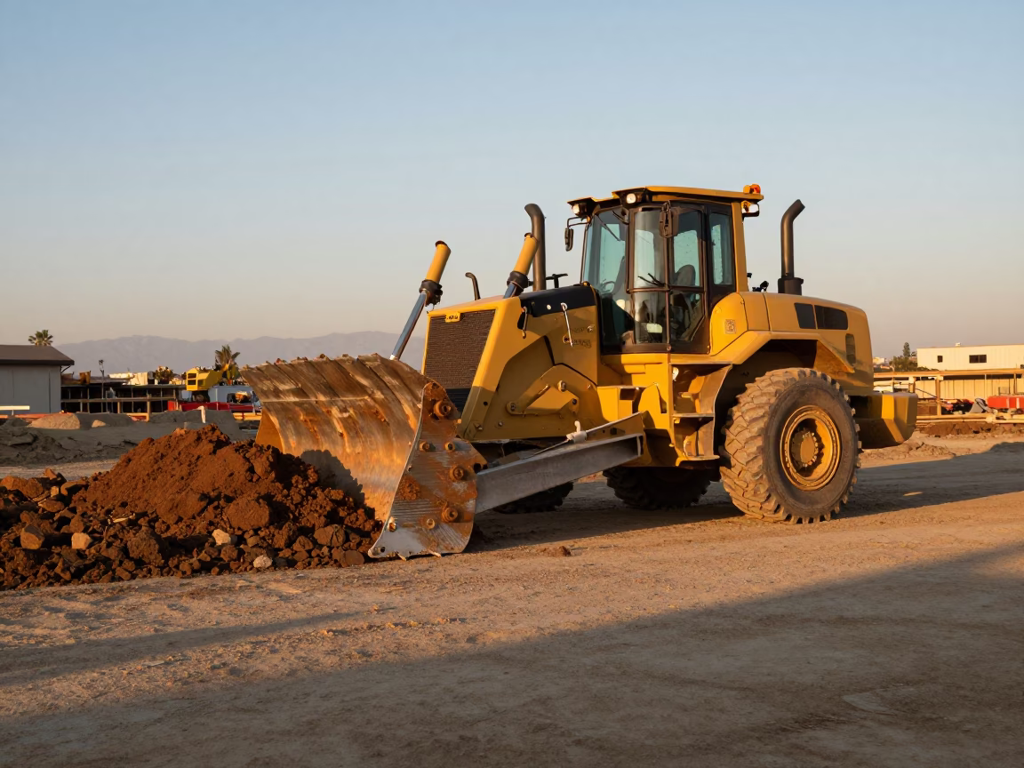 Golden Hour Construction Site Los Angeles Bulldozer Pushing Earth at Dusk in in Los Angeles, California, United States