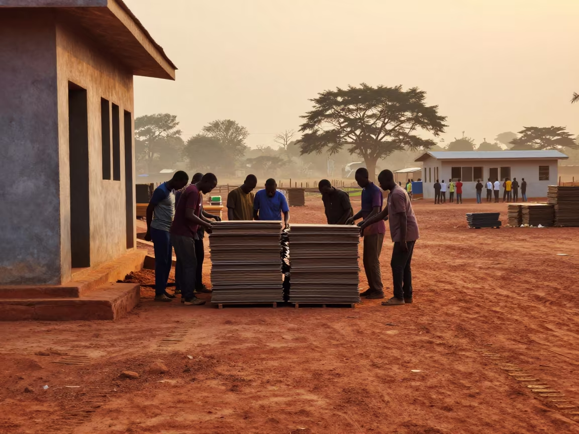 Golden Hour Construction Stack in Congo in beside a framed building shell in Congo