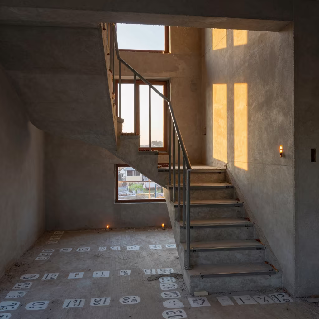 Golden Hour Construction Stair Tower in Provence in inside an unfinished corridor in Provence
