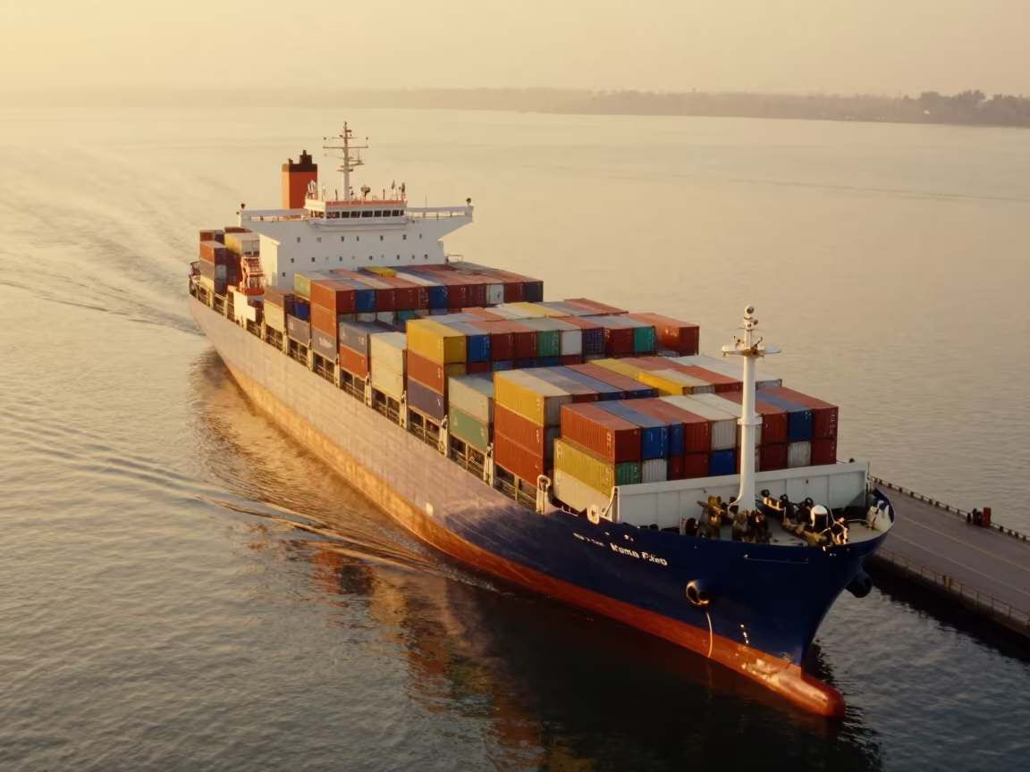 Golden Hour Container Ship Reflection Causeway in on a wind-open causeway near Punto Fijo