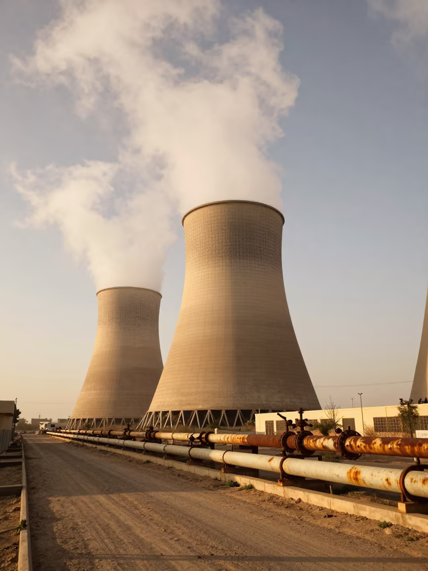 Golden Hour Cooling Tower Plume Basra in along a service road lined with pipes near Basra