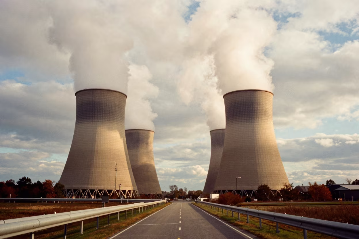 Golden Hour Cooling Tower Plume Rhode Island in along a service road lined with pipes in Rhode Island