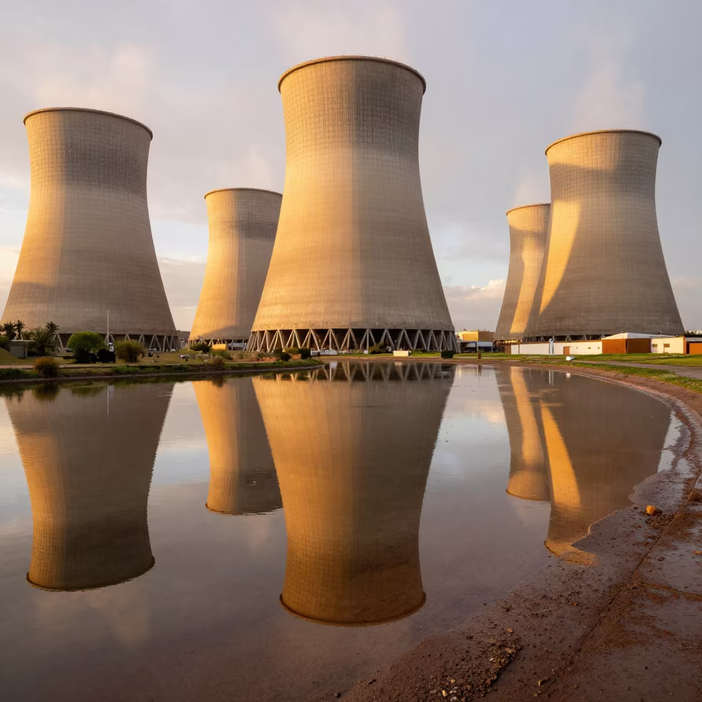 Golden Hour Reflection of Cooling Tower in Pond in across an active works site near Macarena, Seville