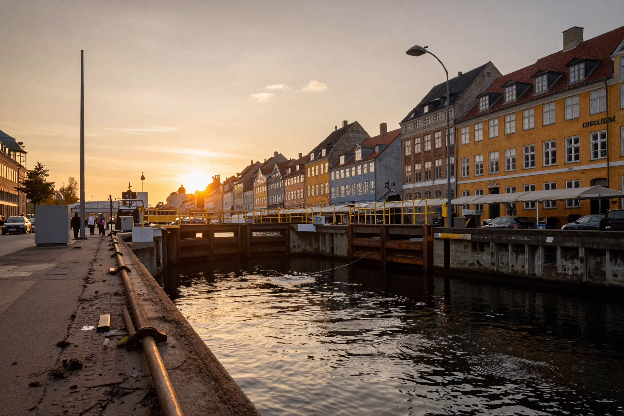 Golden Hour Copenhagen Canal Scene with Sluice Gate and Damp Cobblestones in in Copenhagen, Denmark