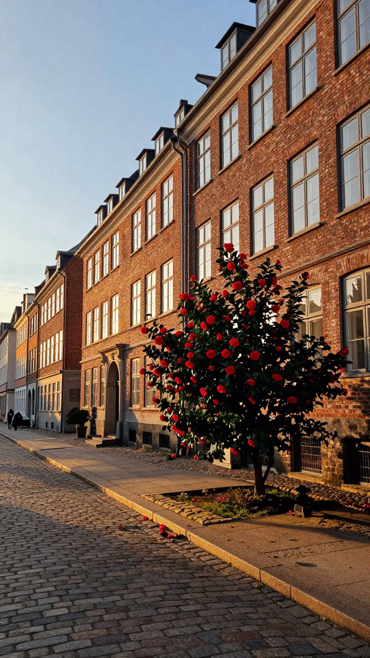 Golden Hour Copenhagen Street Scene with Camellia Shrub and Historic Architecture in in Copenhagen, Denmark