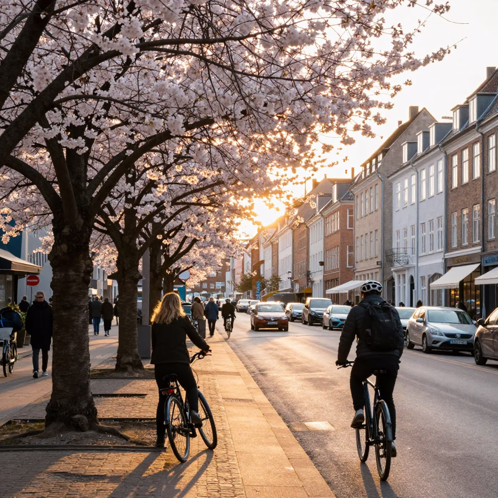 Golden Hour Copenhagen Street Scene with Cherry Blossoms and Cyclist in in Copenhagen, Denmark