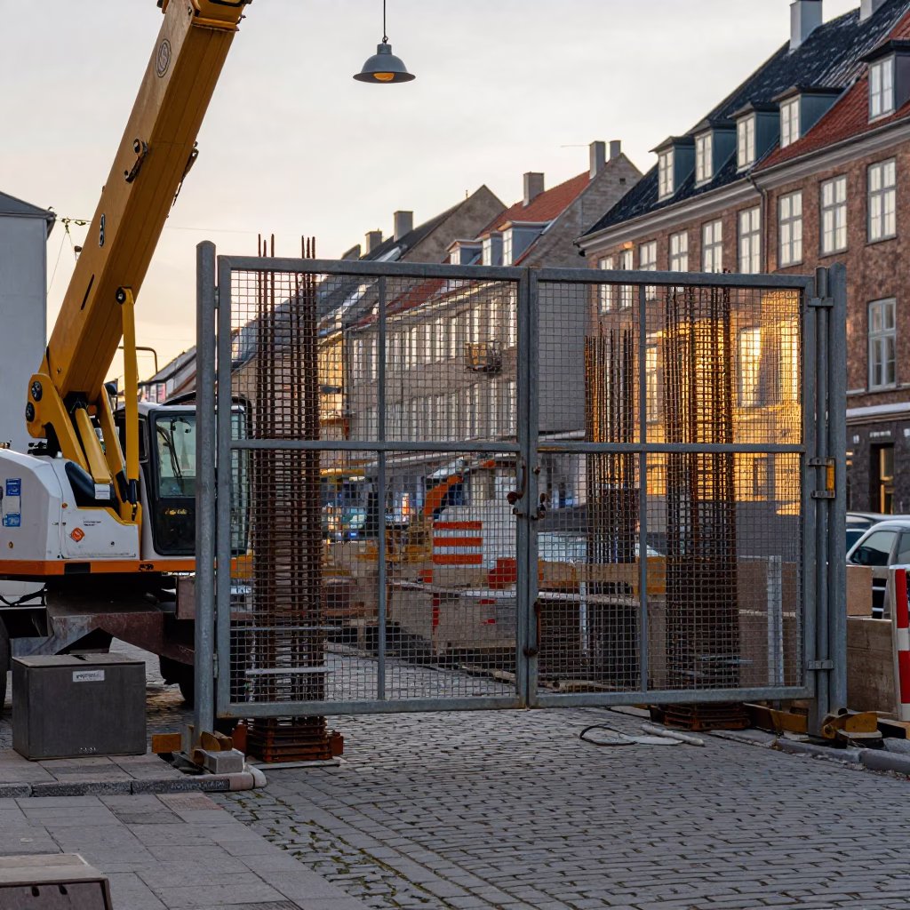 Golden Hour Copenhagen Street Scene with Construction Elevator and Rebar in in Copenhagen, Denmark