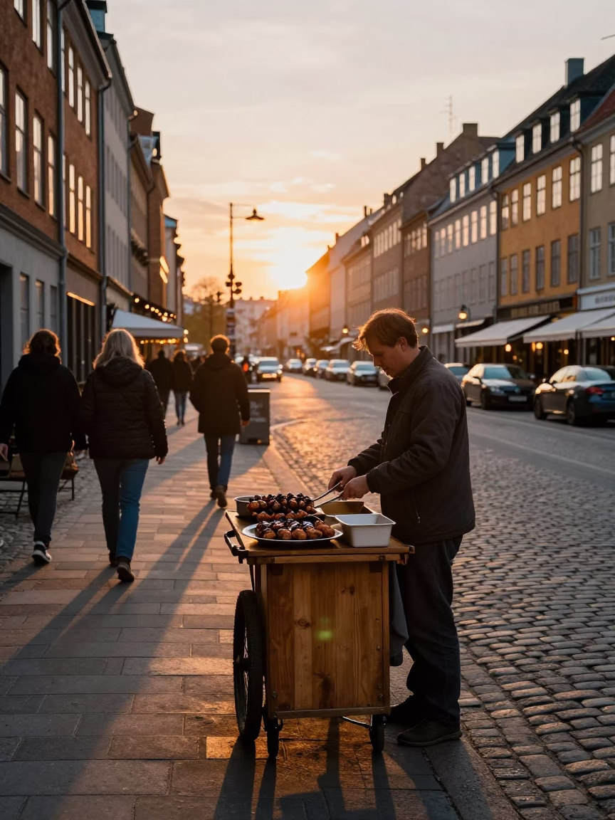 Golden Hour Copenhagen Street Scene with Kofte and Grilled Peppers in in Copenhagen, Denmark