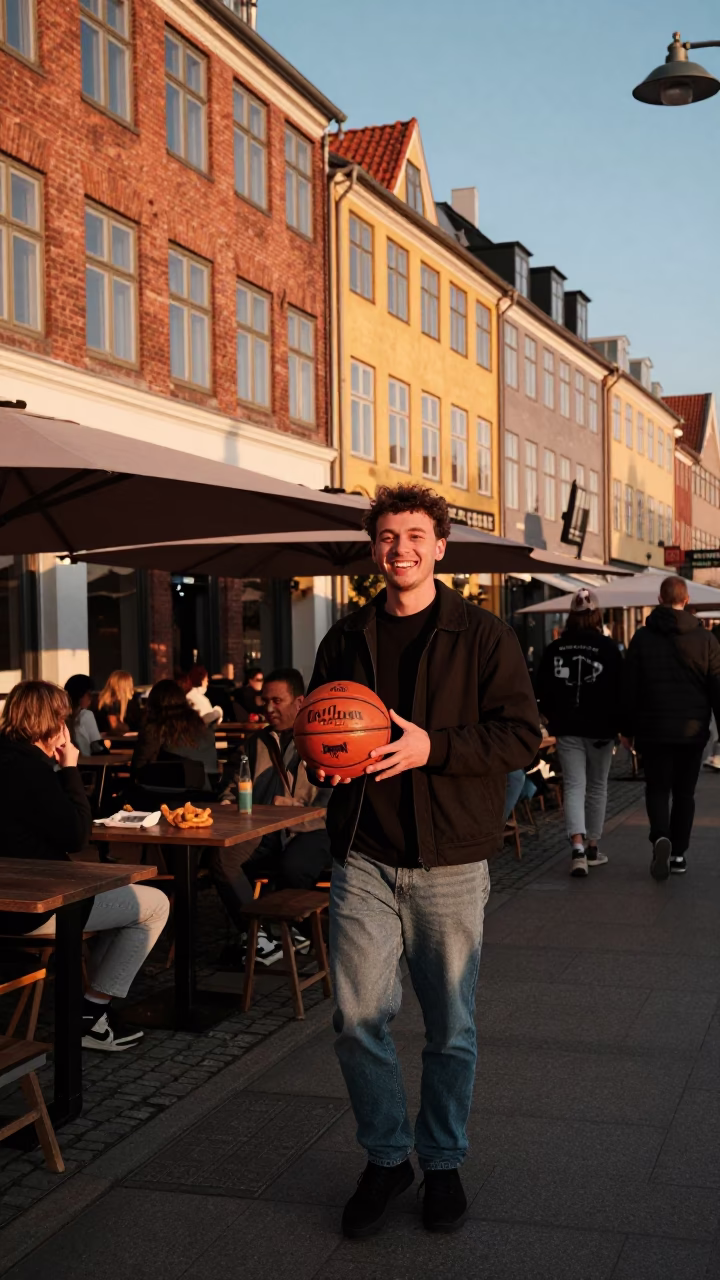 Golden Hour Copenhagen Street Scene with Leather Basketball and Warm Churros in in Copenhagen, Denmark
