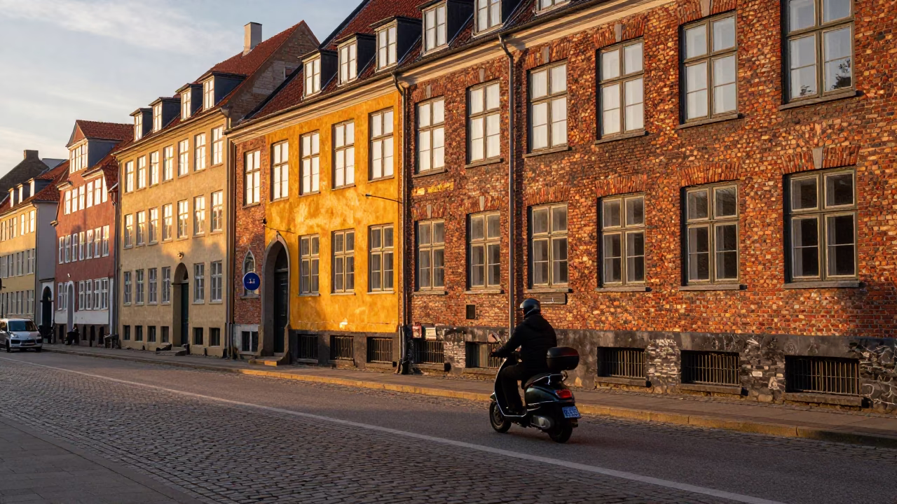 Golden Hour Copenhagen Street Scene with Scooter and Traditional Architecture in in Copenhagen, Denmark
