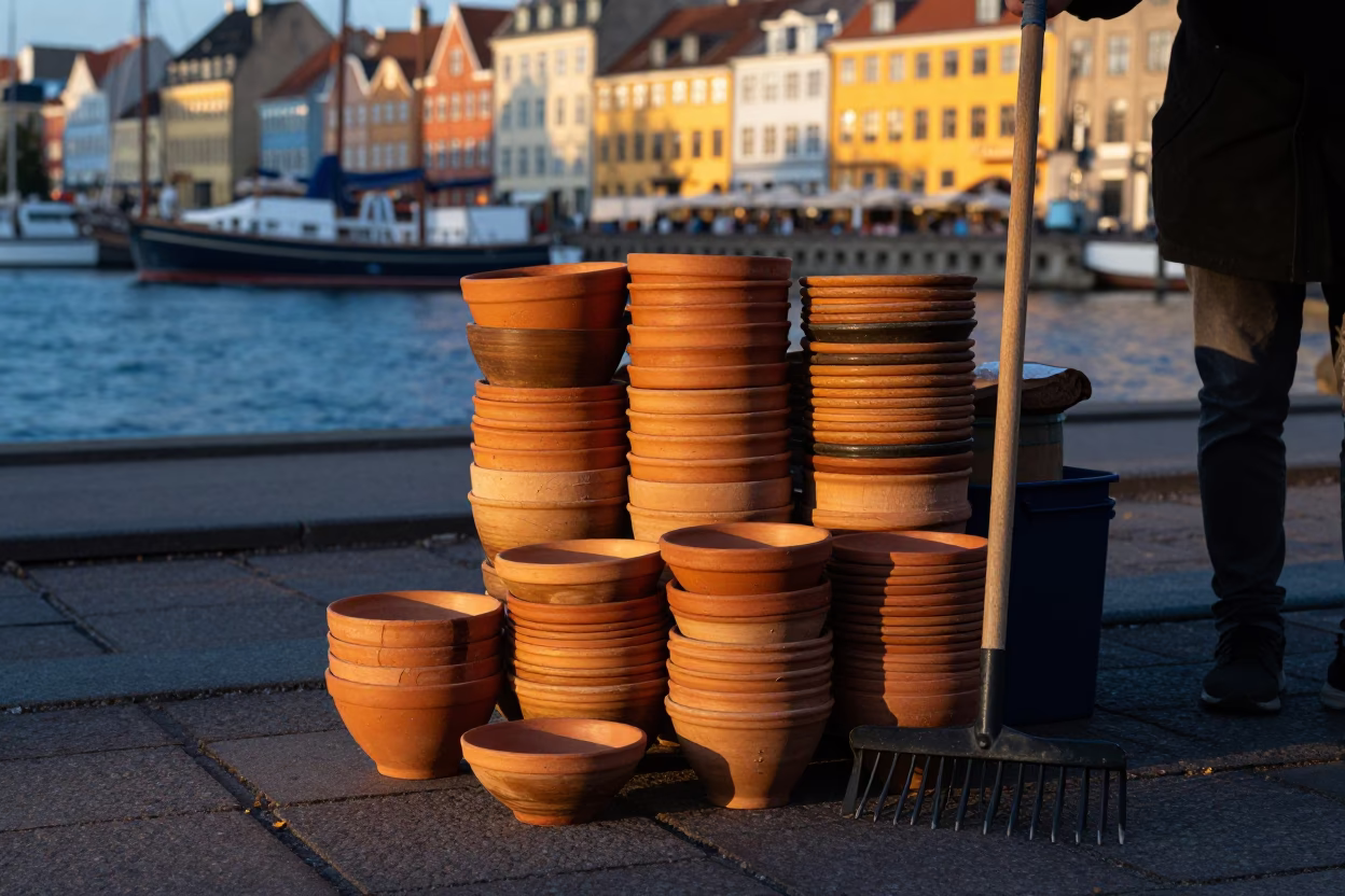Golden Hour Copenhagen Street Scene with Terracotta Bowls and Rake in in Copenhagen, Denmark