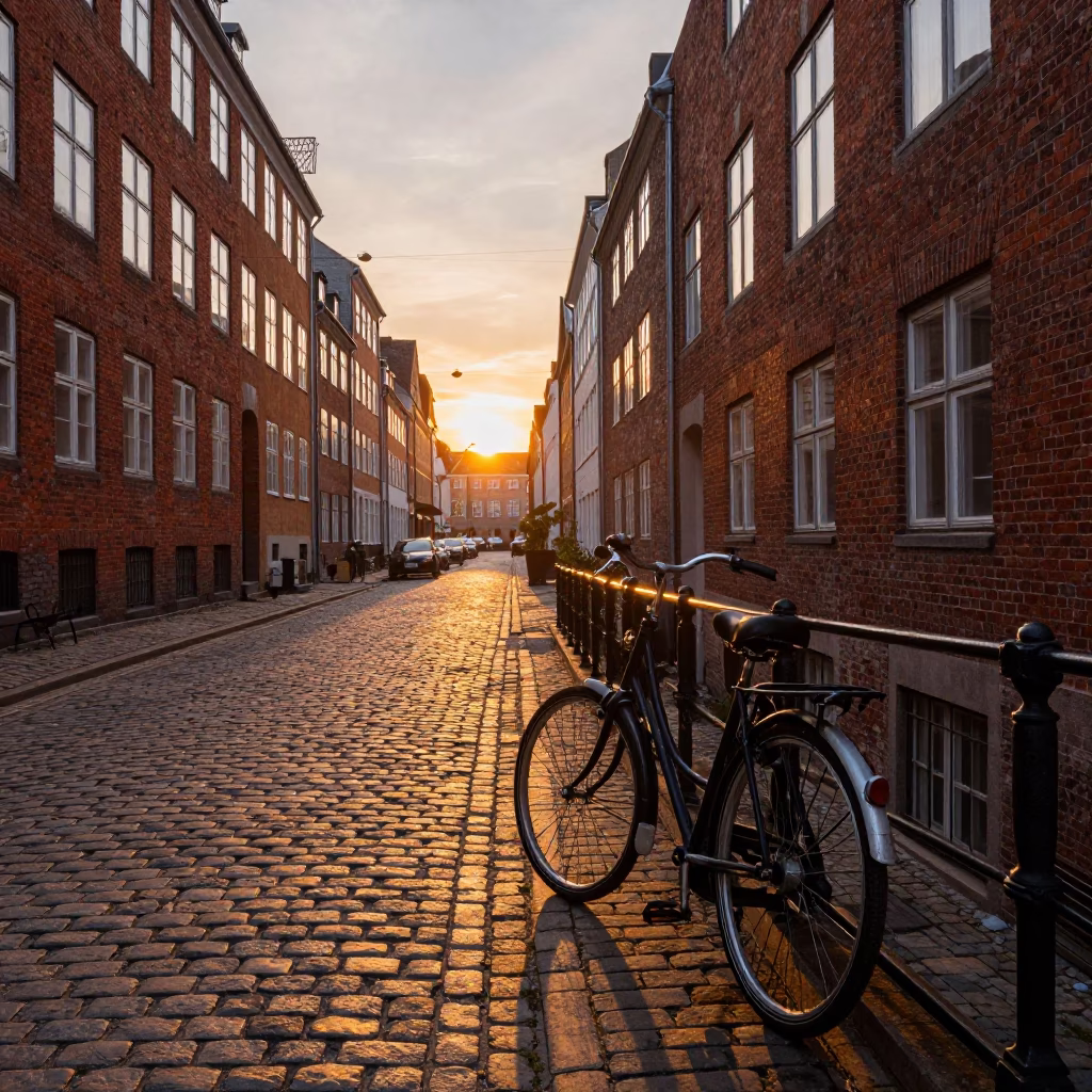 Golden Hour Copenhagen Street Scene with Vintage Bicycle and Gardenia Bush in in Copenhagen, Denmark