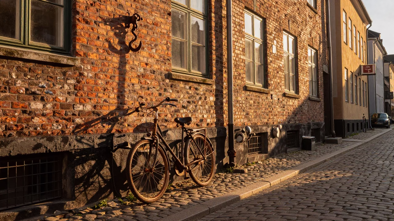 Golden Hour Copenhagen Street Scene with Vintage Iron Hook and Rusty Basin Details in in Copenhagen, Denmark