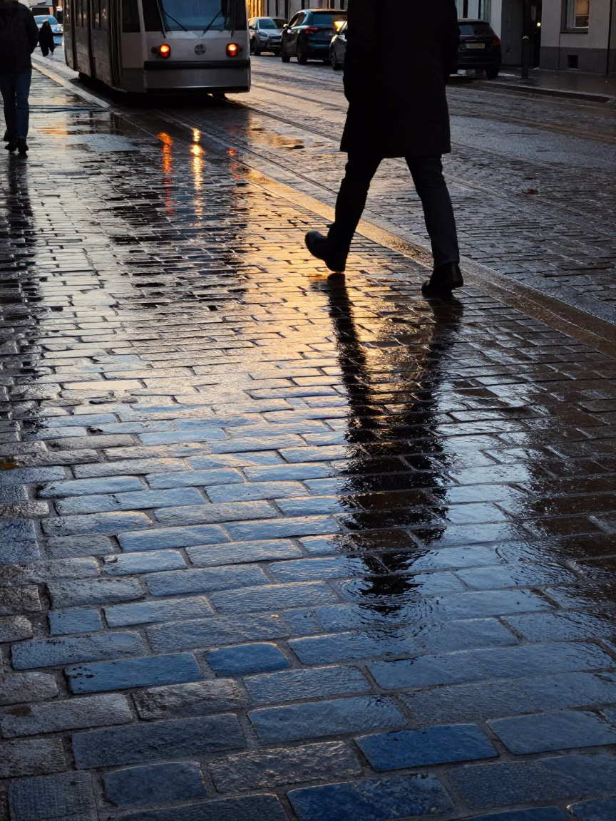 Golden Hour Copenhagen Tram Reflection on Wet Cobblestones with Blue Porcelain Detail in in Copenhagen, Denmark