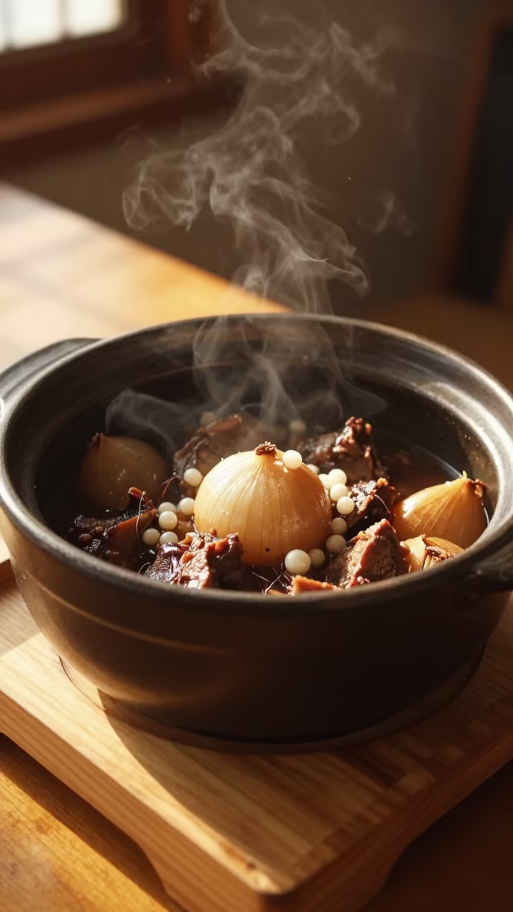 Golden Hour Coq au Vin with Pearl Onions in on a tea house tray in Gwangju