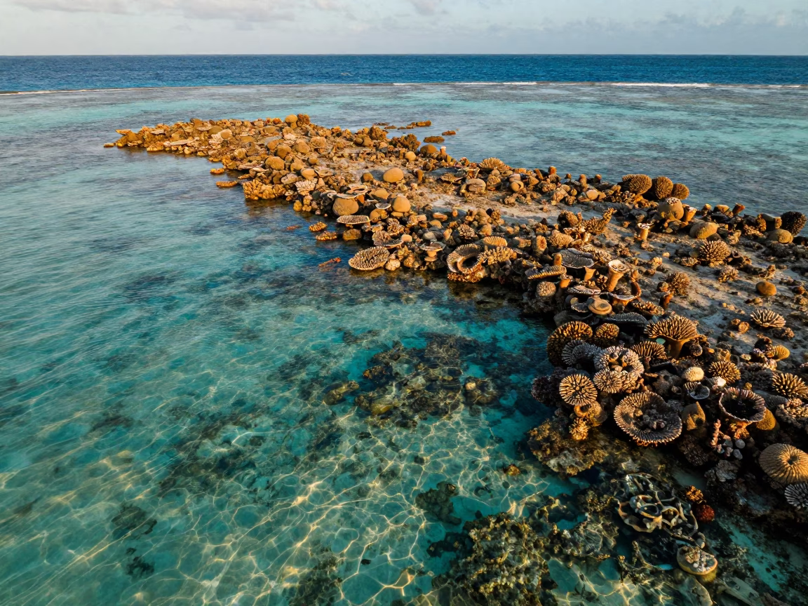 Golden Hour Coral Reef Aerial View Zanzibar in along a coral wall with blue water beyond near Zanzibar