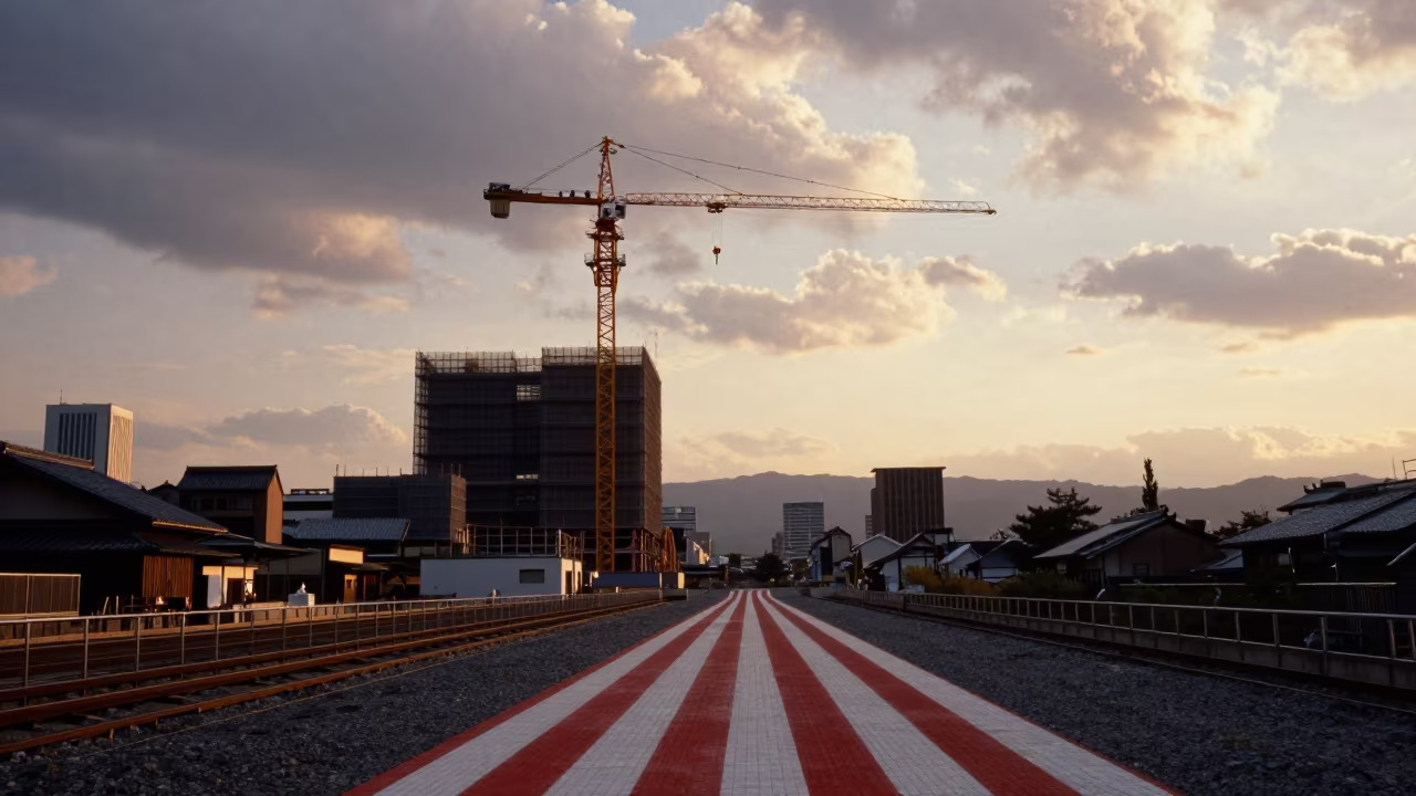 Golden Hour Crane Against Kyoto Skyline in across an active works site near Kyoto