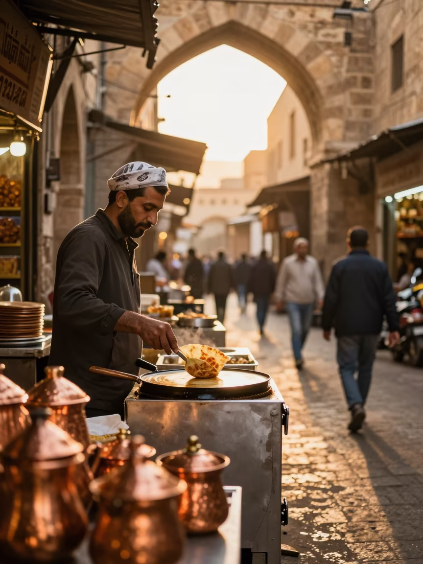 Golden Hour Crepe Vendor in Giza Bazaar in in a covered bazaar aisle in Giza