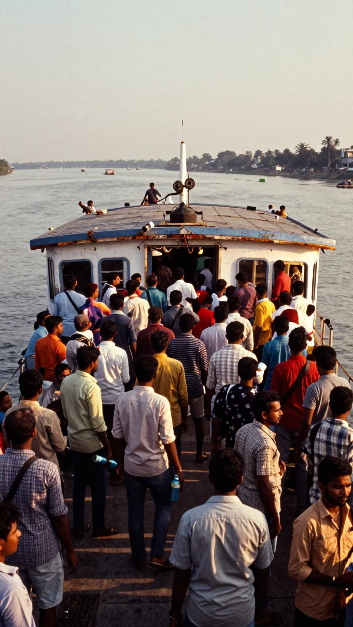 Golden Hour Crowded River Ferry Crossing in Chennai India with Watering Bottle in in Chennai, India