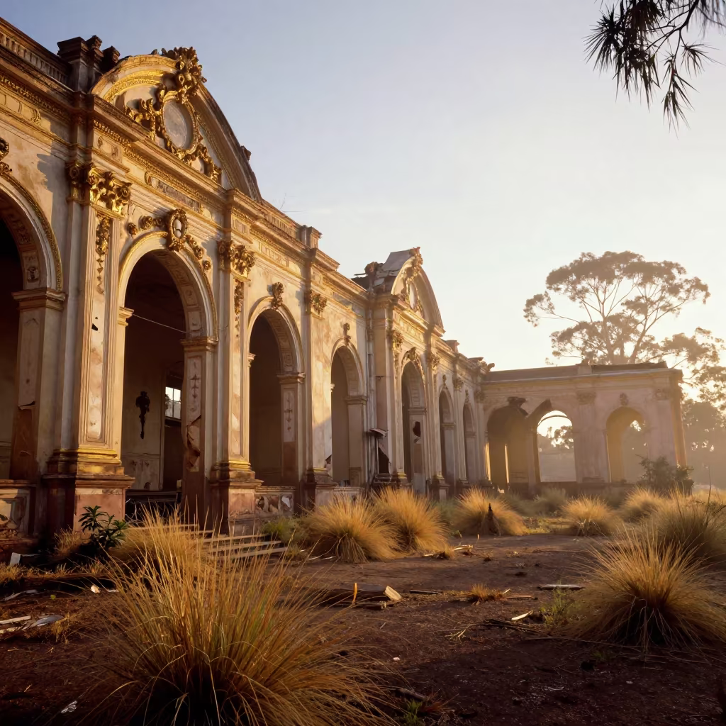 Golden Hour Light on Crumbling Opera House Ruins in through a courtyard reclaimed by grasses in Australia