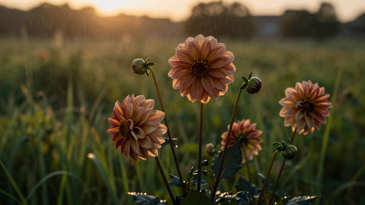 Golden Hour Dahlia Garden in Guinea in in a bloom-heavy meadow in Guinea