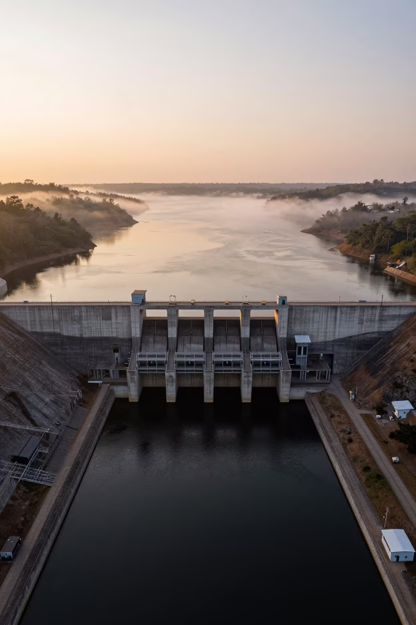 Golden Hour Dam and Reservoir Aerial Guyana in beside a hydroelectric intake in Guyana