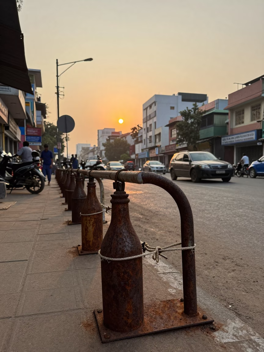 Golden Hour Delhi Street Scene with Rusty Metal and Twine Details in in Delhi, India