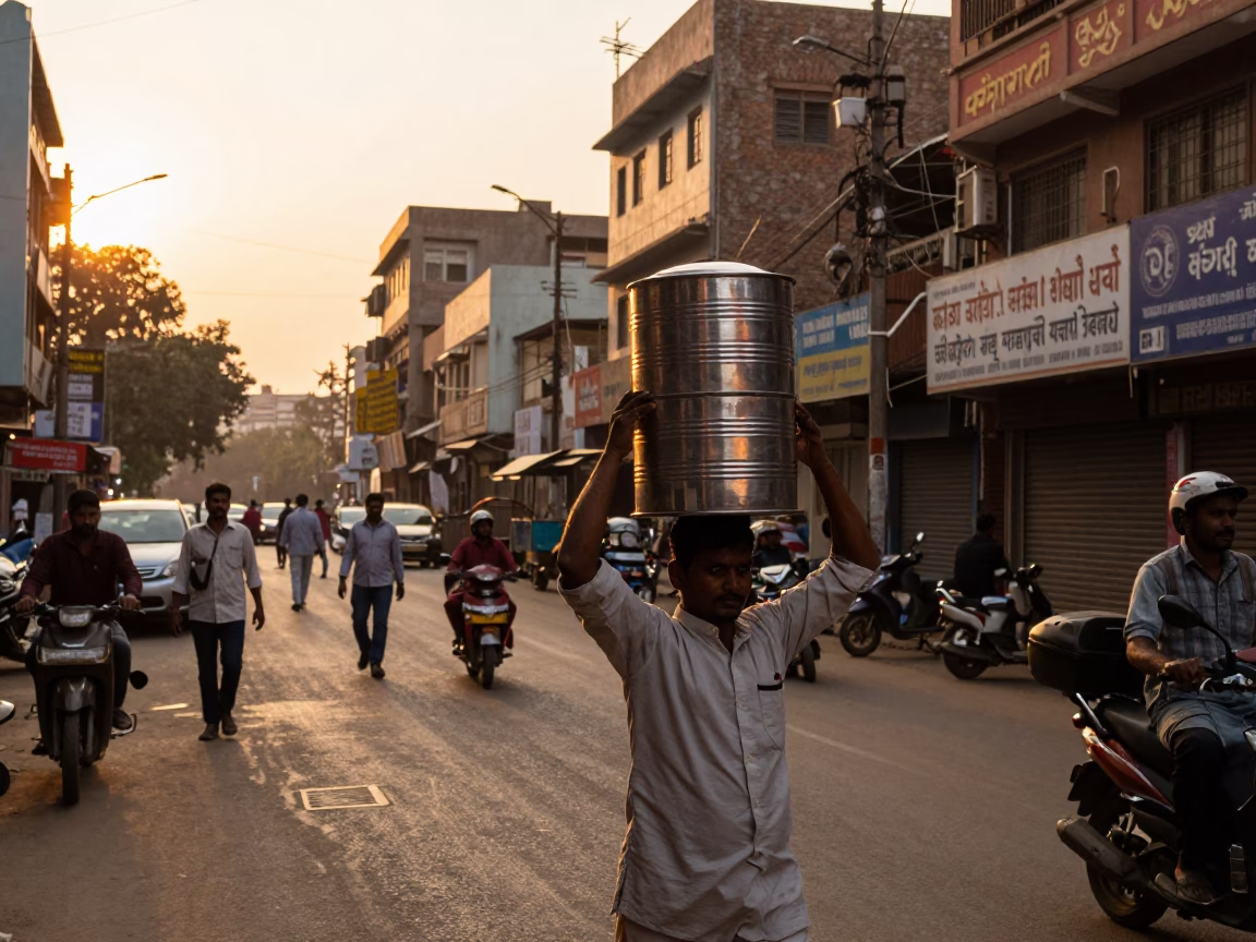 Golden Hour Delhi Street Scene with Tiffin Tin and Urban Activity in in Delhi, India
