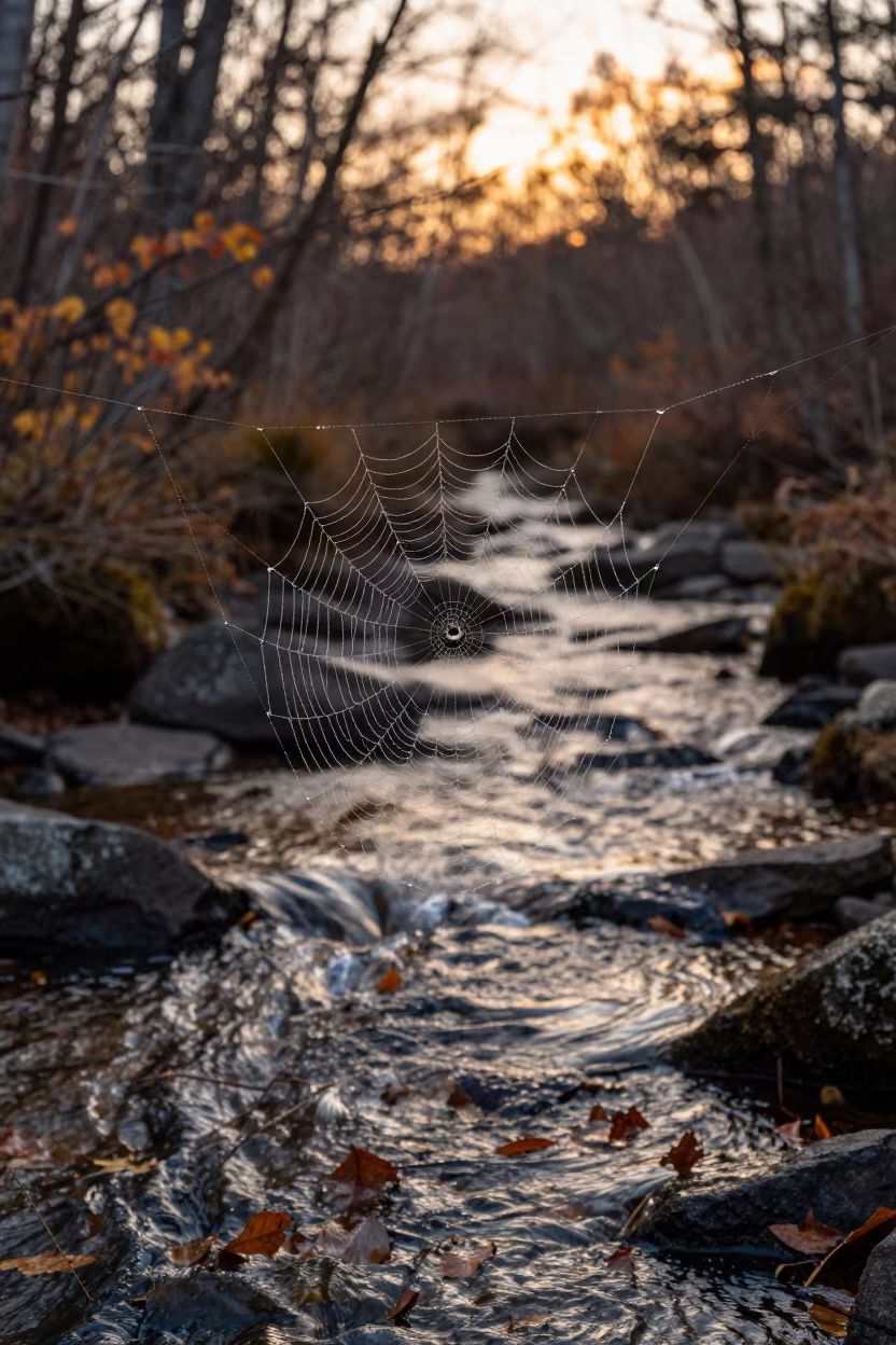 Golden Hour Dew on Spider Web Over Vermont Stream in above a glacial stream in Vermont