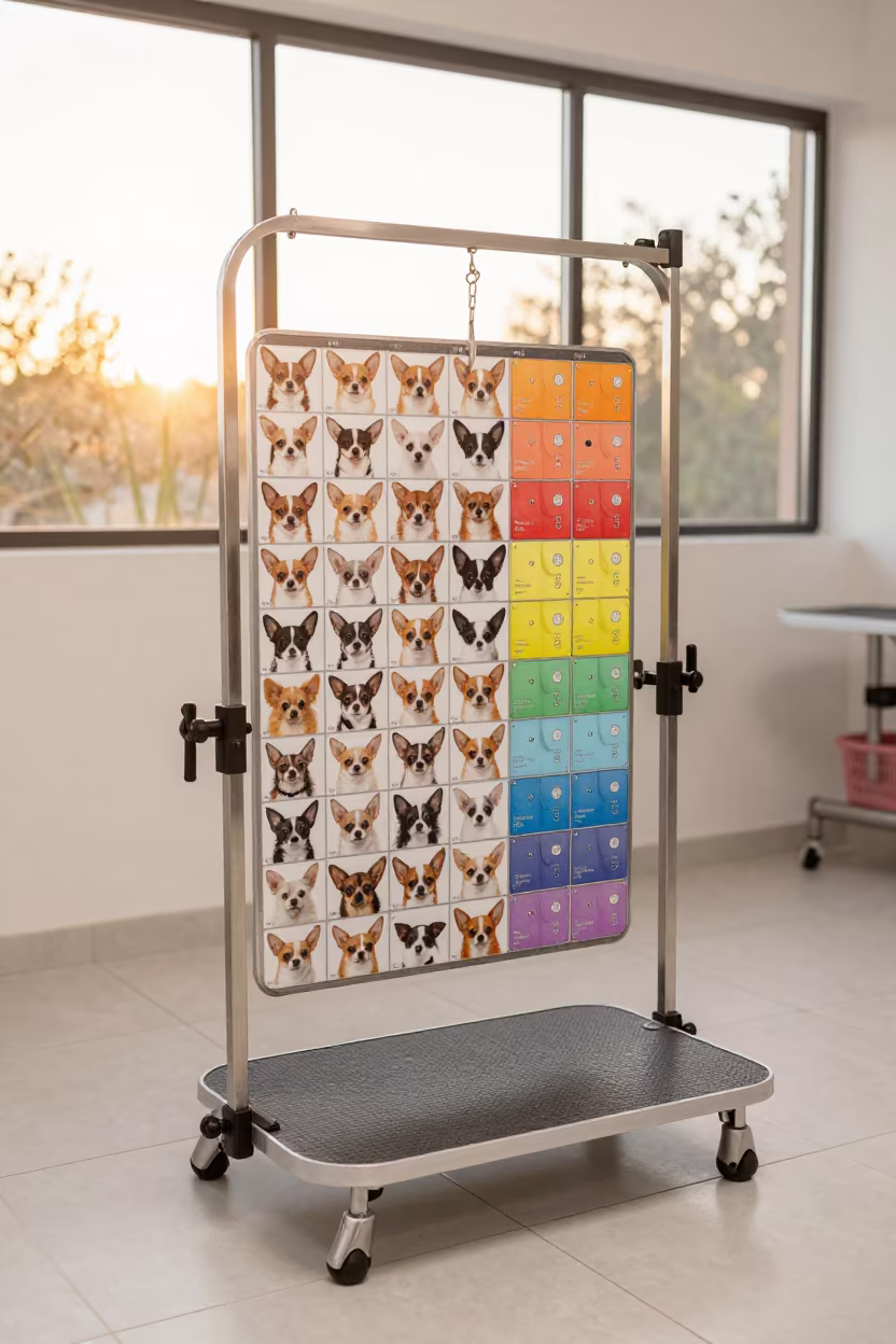 Golden Hour Dog Sizing Rail in Chihuahua Bay in inside a grooming bay in Chihuahua