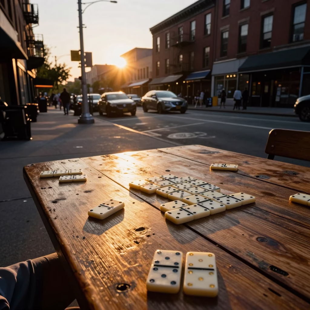 Golden Hour Dominoes Game on Brooklyn Street Corner with Urban Skyline in in New York, New York, United States